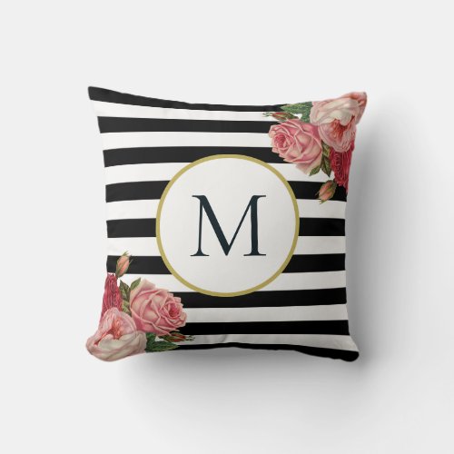 Chic Black White Striped Retro Floral Monogram Throw Pillow