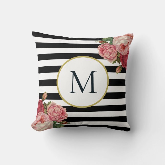 Chic Black White Striped Retro Floral Monogram Throw Pillow (Front)