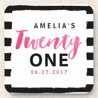 Chic Black & White Stripes 21 Birthday Coaster