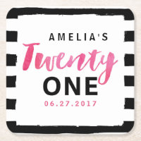 Chic Black & White Stripes 21st Birthday Square Paper Coaster