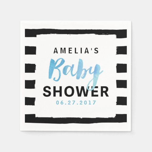 Chic Black  White Stripes Blue Baby Shower Napkins