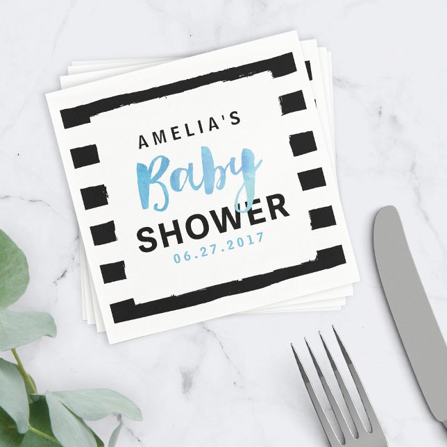 Chic Black & White Stripes Blue Baby Shower Napkins (Creator Uploaded)