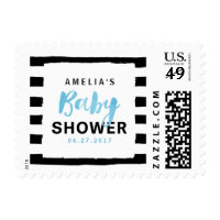Chic Black & White Stripes Blue Baby Shower Postage