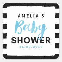 Chic Black & White Stripes Blue Baby Shower Square Sticker