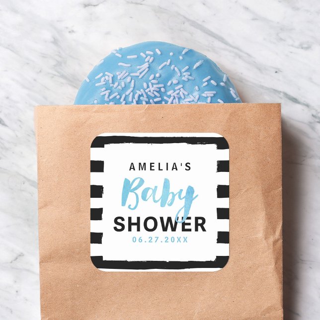 Chic Black & White Stripes Blue Baby Shower Square Sticker (Creator Uploaded)