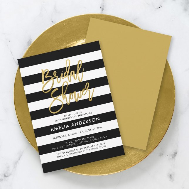 Chic Black & White Stripes Faux Gold Bridal Shower Invitation (Creator Uploaded)