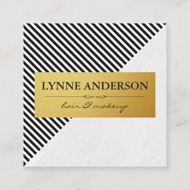 Chic Black White Stripes Faux Metallic Gold Square Business Card (Front)