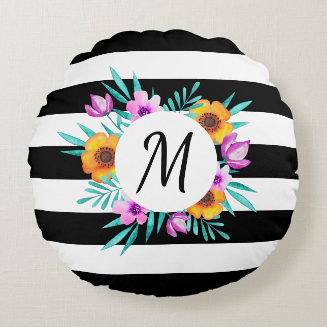 Chic Black White Stripes Floral  Custom Monogram Round Pillow (Front)