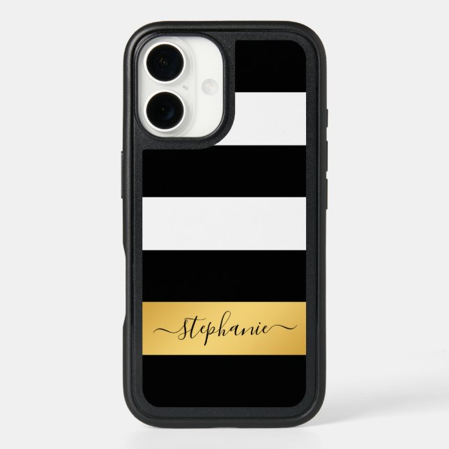Chic Black White Stripes Gold Foil Personalized Otterbox iPhone Case (Back)
