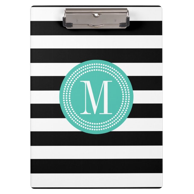 Chic Black & White Stripes Personalized Monogram Clipboard (Front)