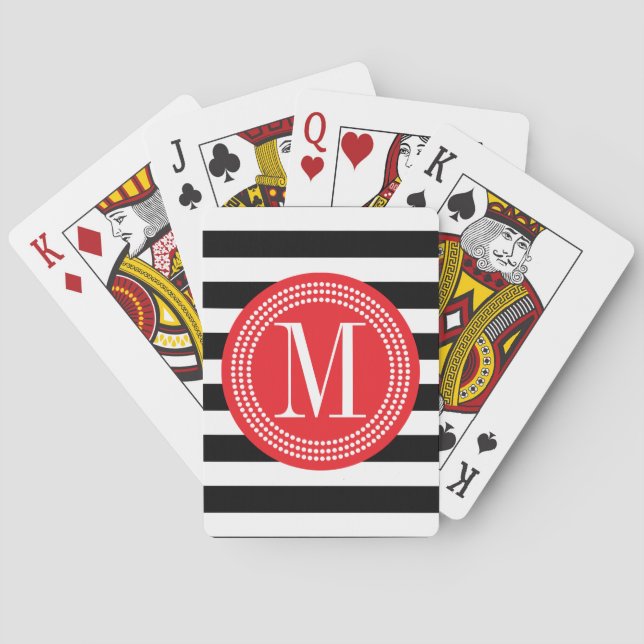 Chic Black & White Stripes Personalized Monogram Poker Cards (Back)