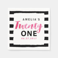 Chic Black & White Stripes Pink 21st Birthday Paper Napkin