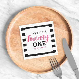 Chic Black & White Stripes Pink 21st Birthday Paper Napkins