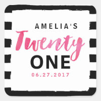 Chic Black & White Stripes Pink 21st Birthday Square Sticker