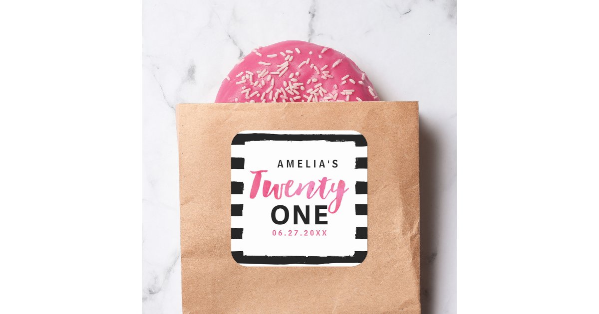 Chic Black & White Stripes Pink 21st Birthday Square Sticker | Zazzle