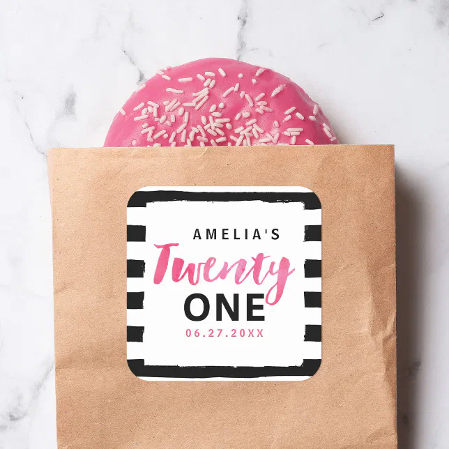 Chic Black & White Stripes Pink 21st Birthday Square Sticker | Zazzle