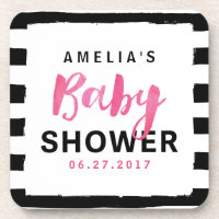 Chic Black & White Stripes Pink Baby Shower Drink Coaster