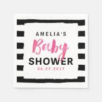 Chic Black & White Stripes Pink Baby Shower Napkin