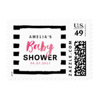 Chic Black & White Stripes Pink Baby Shower Postage