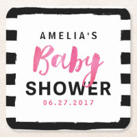 Chic Black & White Stripes Pink Baby Shower Square Paper Coaster