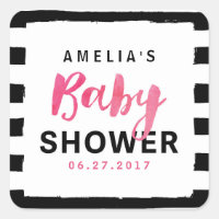 Chic Black & White Stripes Pink Baby Shower Square Sticker
