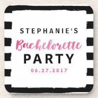Chic Black & White Stripes Pink Bachelorette Party Drink Coaster