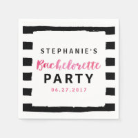 Chic Black & White Stripes Pink Bachelorette Party Paper Napkin