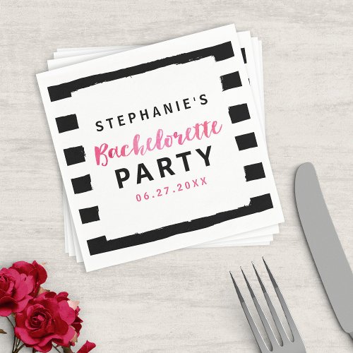 Chic Black  White Stripes Pink Bachelorette Party Paper Napkins