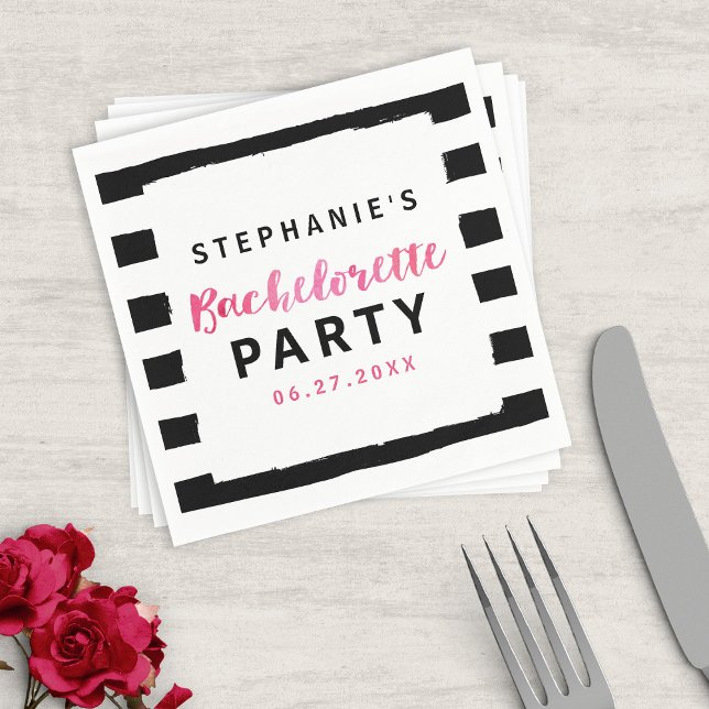 Chic Black & White Stripes Pink Bachelorette Party Paper Napkins (Creator Uploaded)