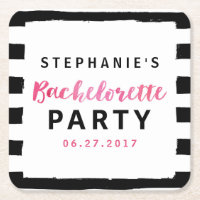 Chic Black & White Stripes Pink Bachelorette Party Square Paper Coaster