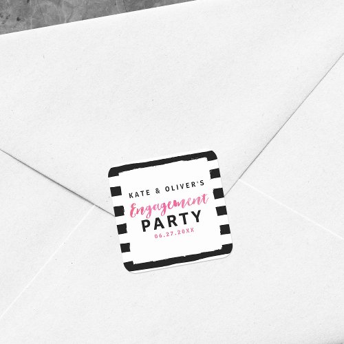 Chic Black  White Stripes Pink Engagement Party Square Sticker