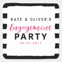 Chic Black & White Stripes Pink Engagement Party Square Sticker