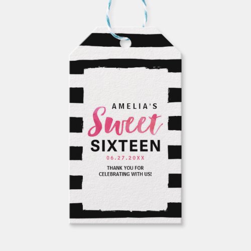 Chic Black  White Stripes Pink Sweet 16 Birthday Gift Tags