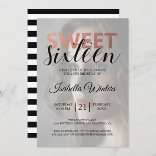 Chic Black White Stripes Pink Sweet 16 Photo Invitation