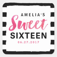 Chic Black & White Stripes Pink Sweet 16 Square Sticker