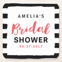 Chic Black & White Stripes Red Bridal Shower Square Paper Coaster
