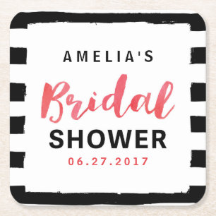 Chic Black & White Stripes Red Bridal Shower Square Paper Coaster