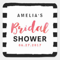 Chic Black & White Stripes Red Bridal Shower Square Sticker