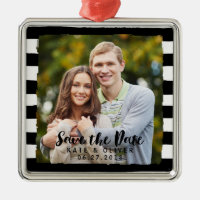 Chic Black & White Stripes Save the Date Photo Metal Ornament