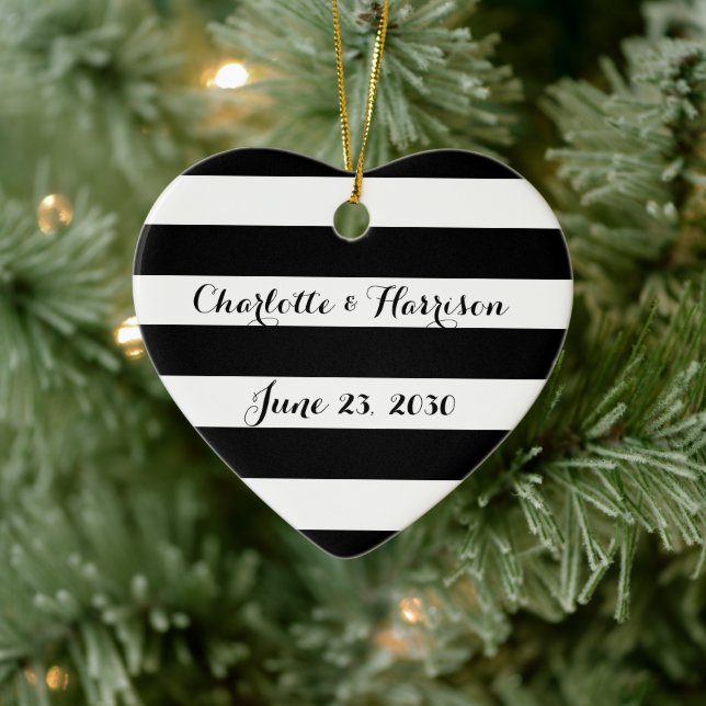 Chic black white stripes script names Christmas Ceramic Ornament (Tree)