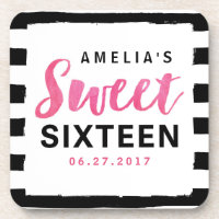 Chic Black & White Stripes Sweet 16 Birthday Drink Coaster