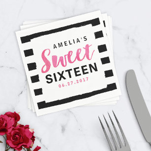 Chic Black & White Stripes Sweet 16 Birthday Paper Napkins