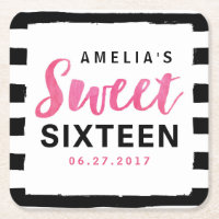 Chic Black & White Stripes Sweet 16 Birthday Square Paper Coaster