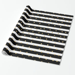 Chic Black & White Stripes With Gold Polka Dots Wrapping Paper