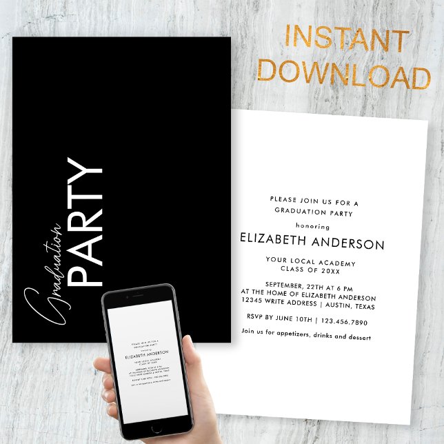 Chic Black & White Typography Graduation Party Invitation (Creator Uploaded)
