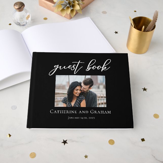 Chic Black White Typography Photo Modern Wedding Guest Book (Front Open)