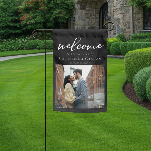 Chic Black White Wedding Couple Photo Welcome Garden Flag