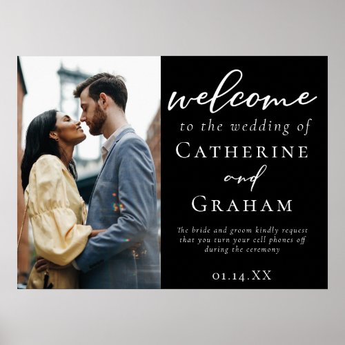 Chic Black White Wedding Couple Photo Welcome Poster
