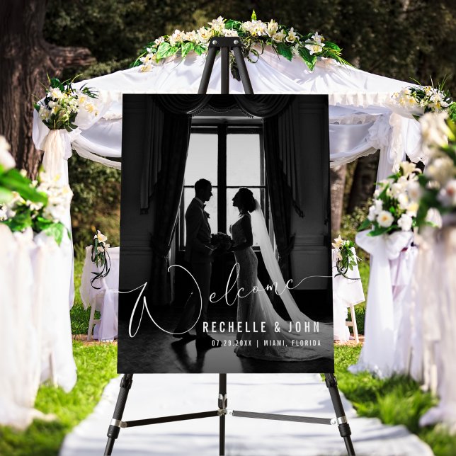 Chic Black & White Wedding Welcome Sign with Photo (Creator Uploaded)