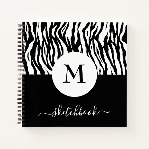 Chic Black White Zebra Print Monogram Sketchbook Notebook